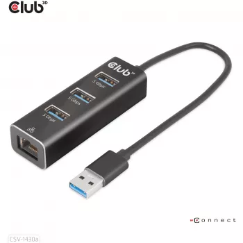 USB šakotuvas CLUB3D USB 3.2 Gen1 Type-A 3 prievadai su Gigabit Ethernet
