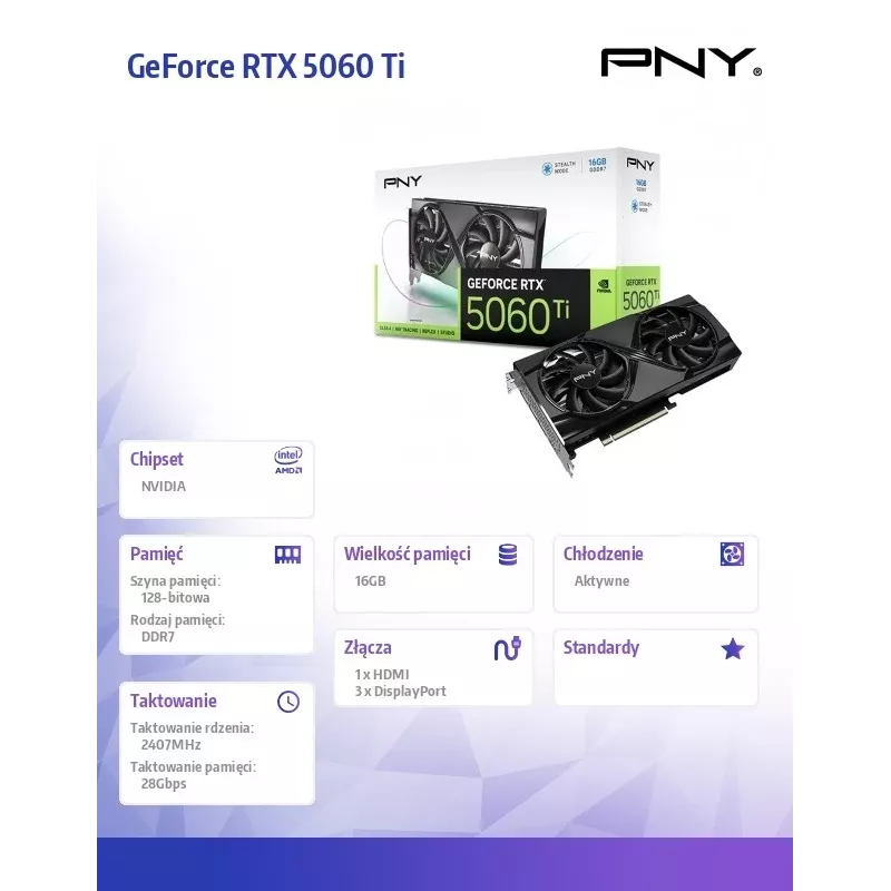 PNY GeForce RTX 5060 Ti 16GB VERTO Dual Fan vaizdo plokštė (VCG5060T16DFXPB1)