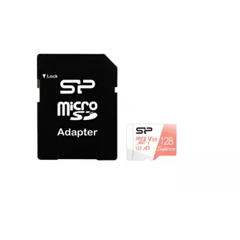 MicroSDXC atminties kortelė Silicon Power Superior 128GB UHS‑I Class 10 U3 V30, 100/80 MB/s, balta/persikinė