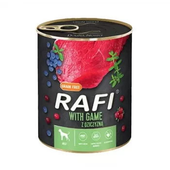Šlapias šunų ėdalas Dolina Noteci Rafi Dog elniena 800 g – konservuotas suaugusių šunų ėdalas, 78% drėgmės, 9% baltymų, 7% riebalų