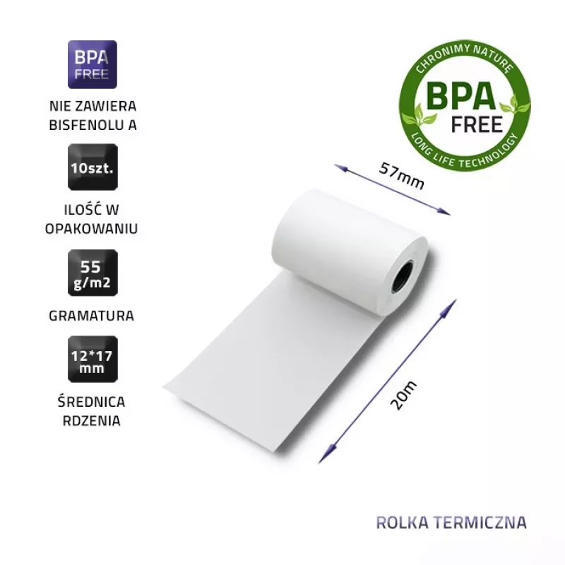 Qoltec 51896 terminis rulonas 57 x 20, 55 g/m², nėra BPA, 10 vnt.