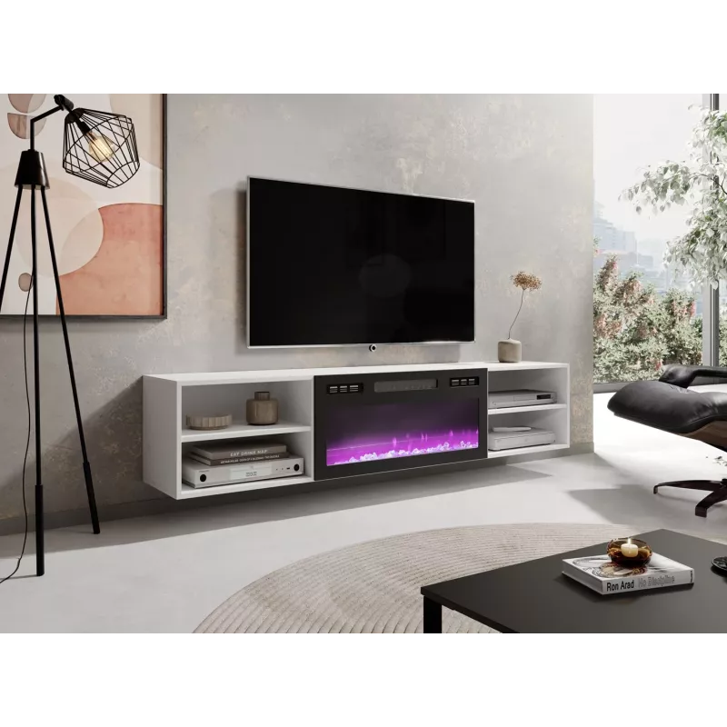 TV spintelė cama meble POLO 180x33x39 cm su elektriniu židiniu 1400–1600 W, laminatas, balta/juoda