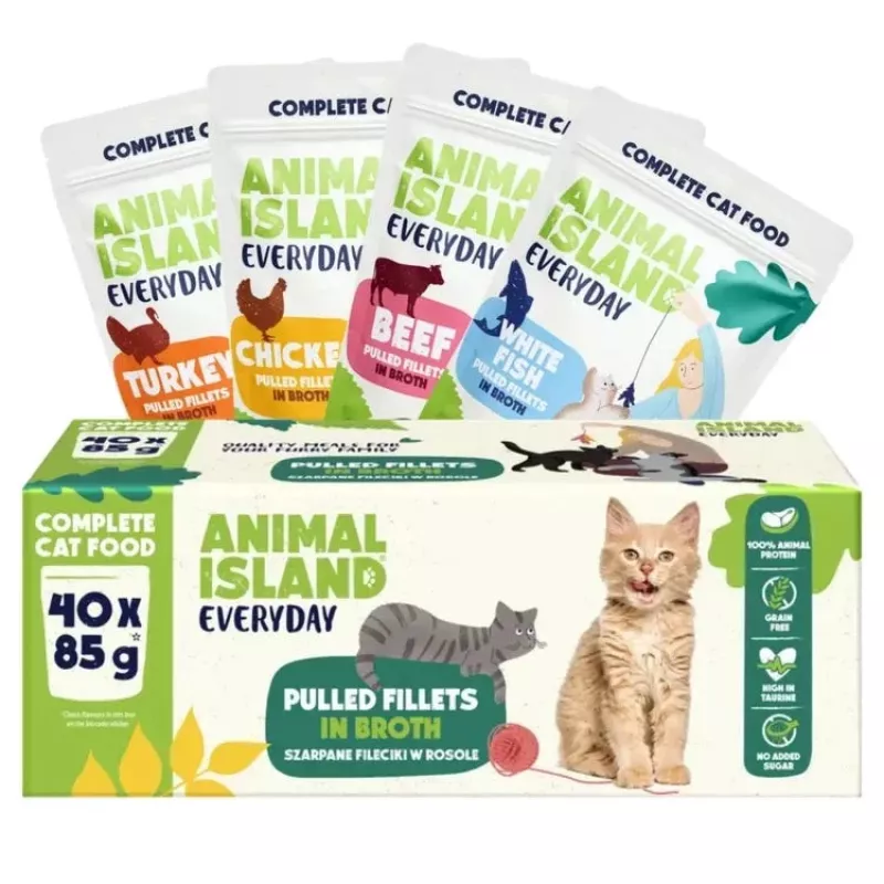 Šlapias kačių ėdalas Animal Island Everyday – jautiena, vištiena, kalakutiena ir baltosios žuvies filė sultinyje, 40 x 85 g paketėliai