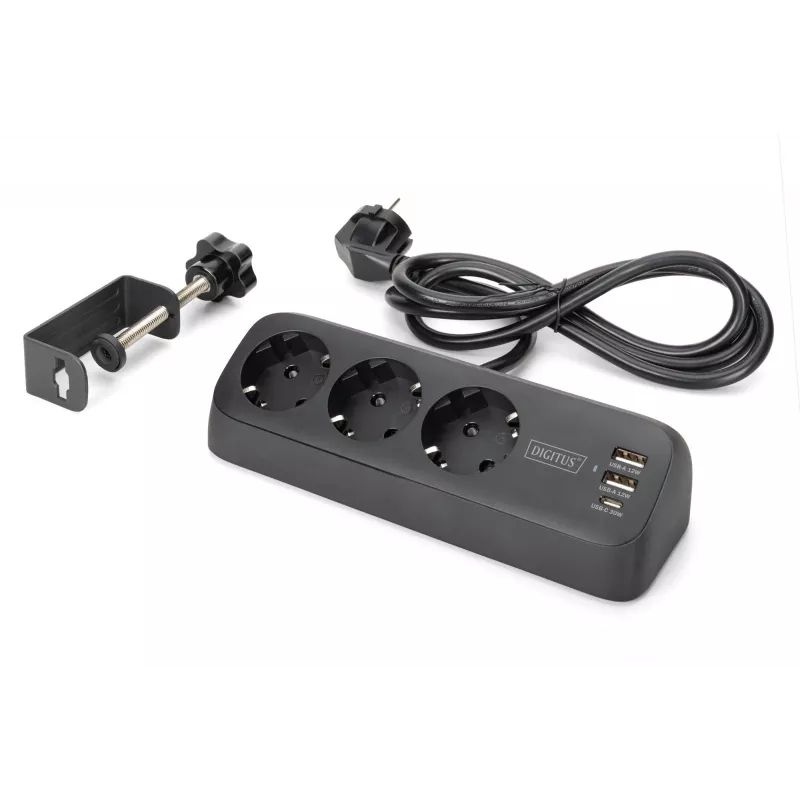 DIGITUS 3-jų lizdų ilginimo blokas su 2×USB-A ir 1×USB-C, 3 AC lizdai (E/F tipas), 1,5 m laidas, juodas