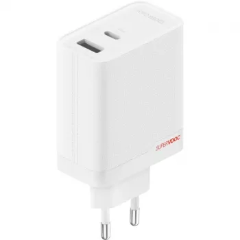 ONEPLUS SUPERVOOC 120W dviejų prievadų laidinis įkroviklis, 120W bendra išėjimo galia, 1x USB-C + 1x USB-A, 100–240V, 145 g, baltas