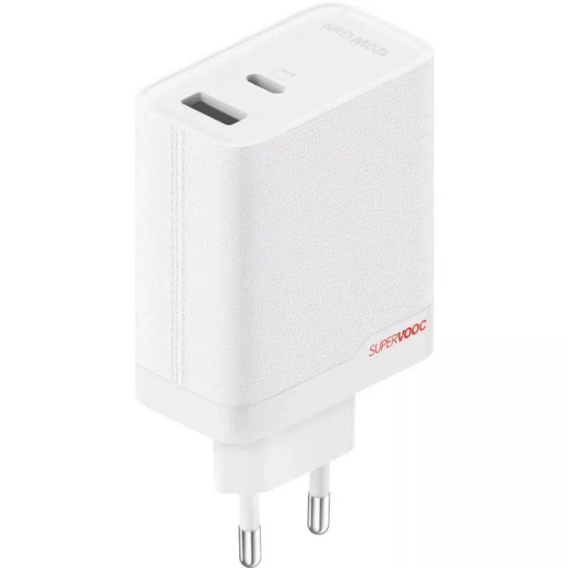 ONEPLUS SUPERVOOC 120W dviejų prievadų laidinis įkroviklis, 120W bendra išėjimo galia, 1x USB-C + 1x USB-A, 100–240V, 145 g, baltas