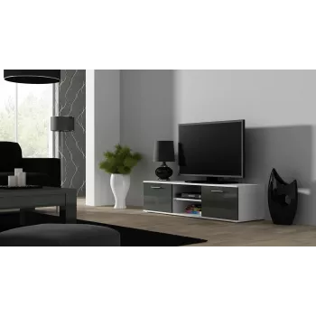 TV stovas cama meble SOHO 140 — 1400×430×370 mm, baltas viršus, medžio drožlių plokštė, baltas rėmas, balta/pilka blizgūs fasadai