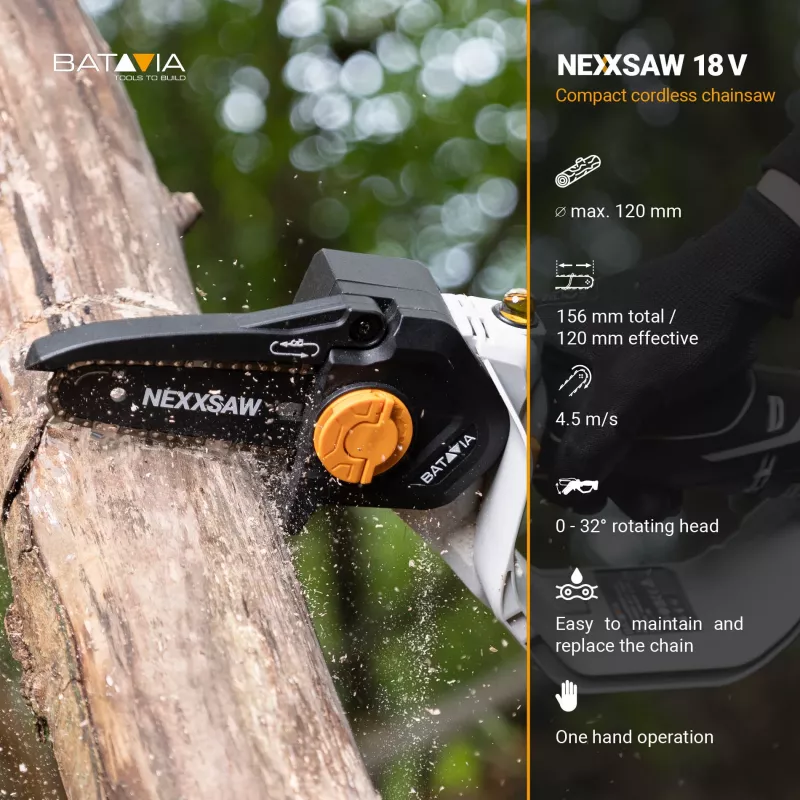Batavia B.V. 18V Nexxsaw belaidis vienos rankos grandininis pjūklas 6'' V3 – be akumuliatoriaus ir įkroviklio