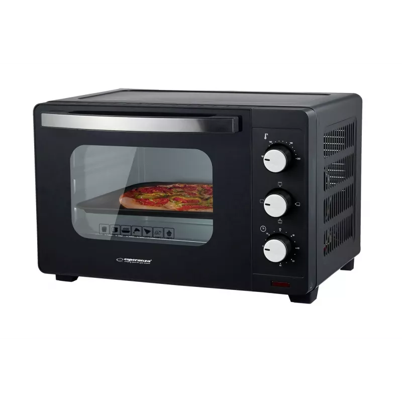 Mini orkaitė ESPERANZA EKO008N — 20 L, 1280–1300 W, iki 230°C, 60 min mechaninis laikmatis, besisukantys reguliatoriai, stiklinės durelės, laisvai pastatoma