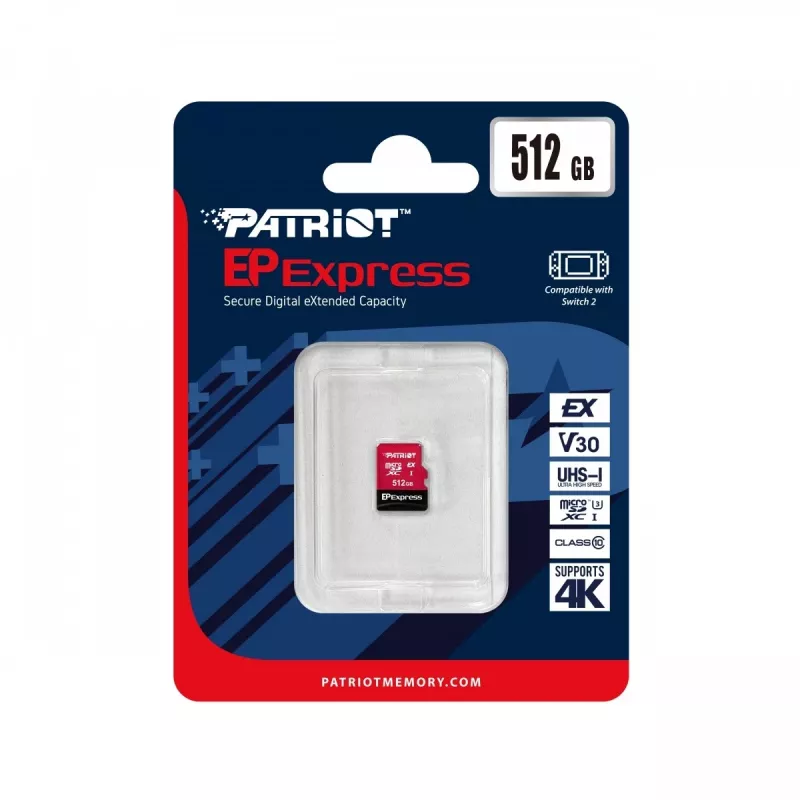 PATRIOT PEF512GEPEXMCX MicroSDXC atminties kortelė 512 GB UHS-I U3 V30 Class 10, skaitymas 800 MB/s, rašymas 600 MB/s, apsauga nuo įrašymo