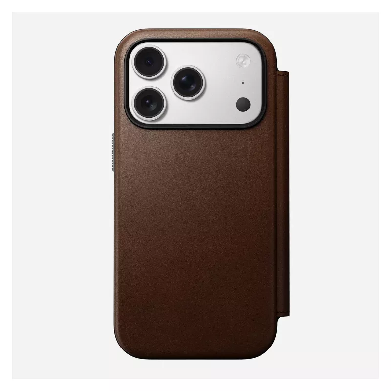 Odinė dėklo-knygelė Nomad Modern Leather Folio, skirta iPhone 17 Pro, ruda, 6,3 colio (16 cm), 4 kortelių kišenės