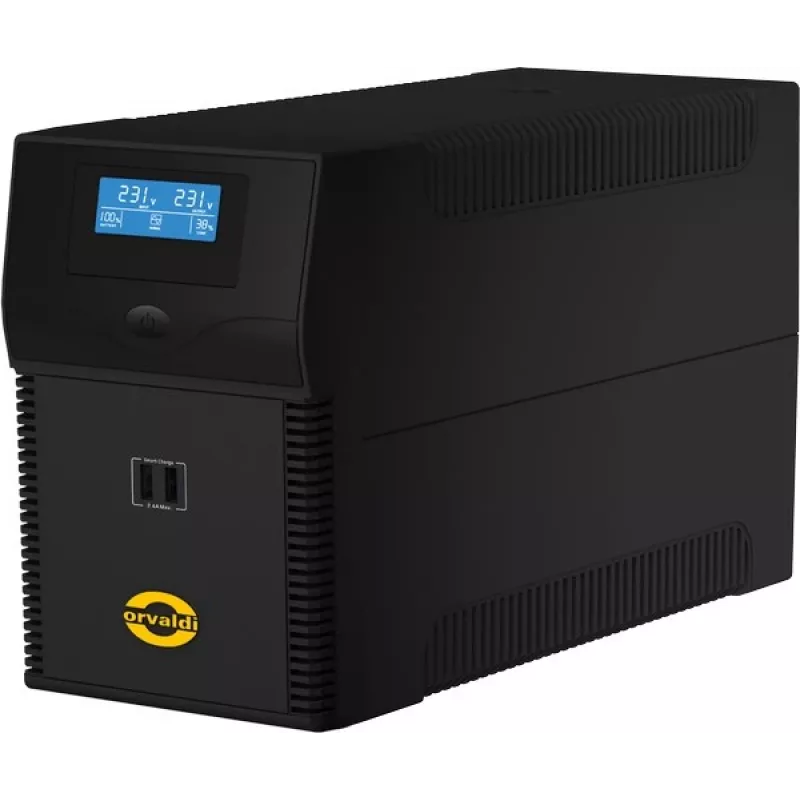 Nepertraukiamo maitinimo šaltinis ORVALDI ID2K0CH Line-Interactive 2 kVA / 1200 W, 24 V, 9 Ah baterijos, LCD, USB, kompaktiškas juodas