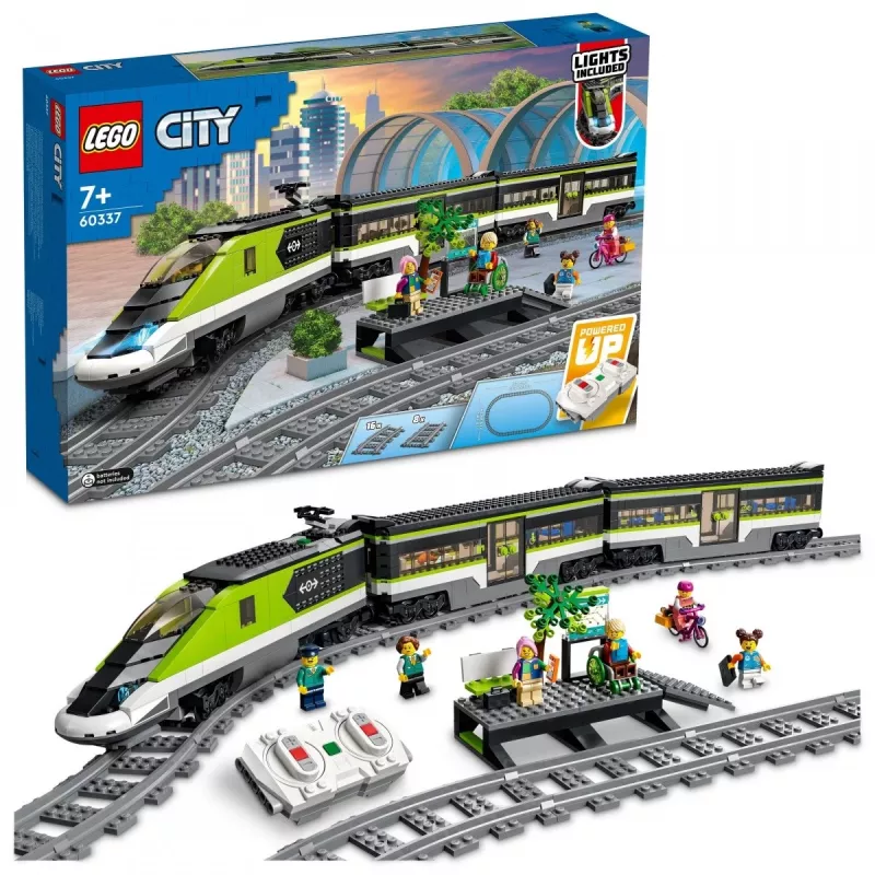 LEGO 60337 City Express keleivinis traukinys nuotolinio valdymo rinkinys su veikiančiais priekiniais žibintais, 2 vagonais ir 24 bėgių dalimis