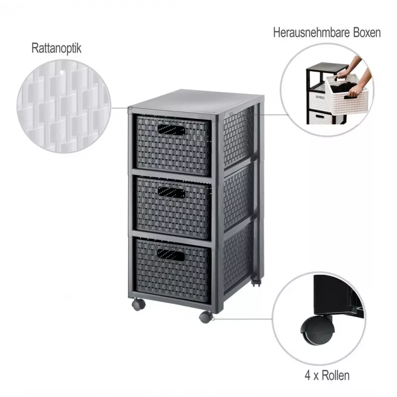 Spintelė su stalčiais Rotho Country Black 3 stalčiai antracitinė polipropilenas 325×375×712 mm su ratukais