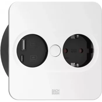 Bachmann TWIST 2 Metalinis dengiamasis skydelis, kvadratinis, sidabrinis matinis lakuotas, 1x UTE France lizdas juodas su sustiprinta kontaktų apsauga, 1x USB A/C 22W įkroviklis, maitinimo kabelis 0,2 m H05VV-F3G