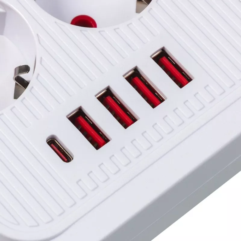 Ilgintuvas MACLEAN MCE391 W — 6 kištukinių lizdų, 4×USB-A + 1×USB-C, 3 m laidas, 110–240V, 2500W, baltas