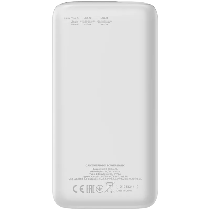 CANYON PB-301 LED 30000 mAh PD 20W QC 3.0 Baltas