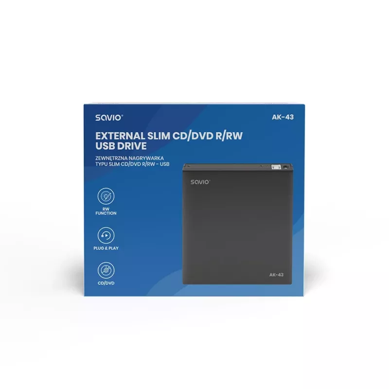 Išorinis plonas DVD±RW įrenginys SAVIO AK-43, USB 2.0, juodas