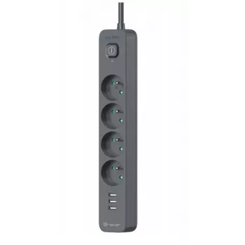 TRACER Power Line+ apsauginis ilgintuvas su USB 1,5 m (4 kištukiniai lizdai + 3x USB A, 5V 2,4A)