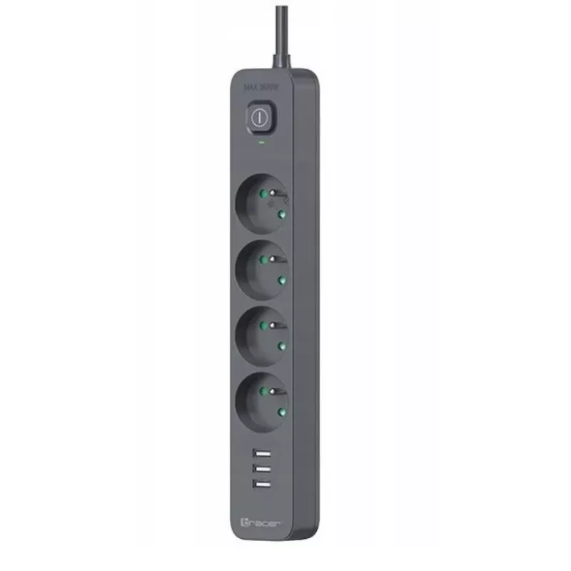 TRACER Power Line+ apsauginis ilgintuvas su USB 1,5 m (4 kištukiniai lizdai + 3x USB A, 5V 2,4A)