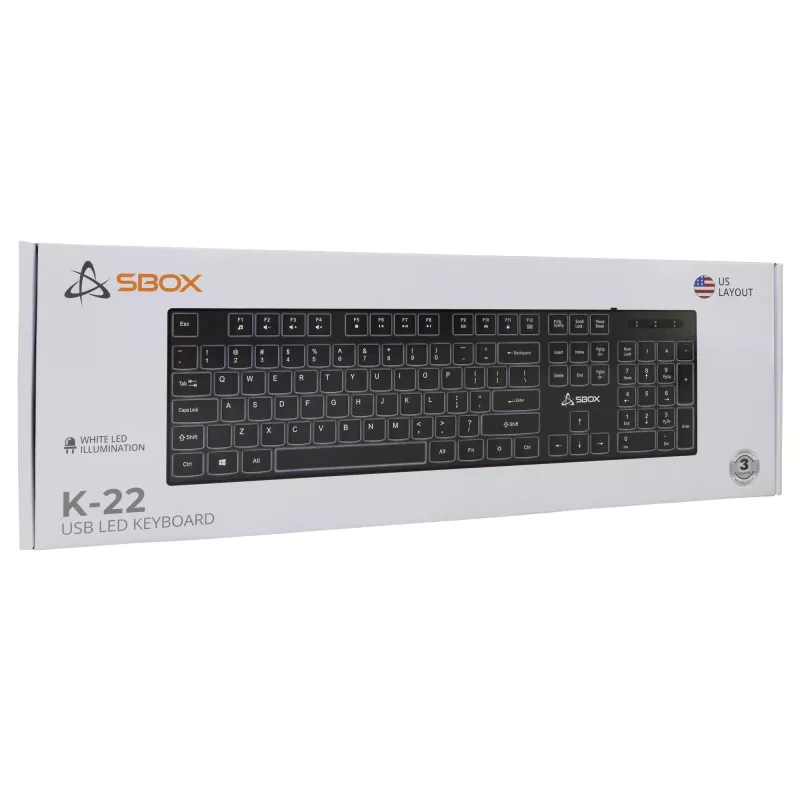 SBOX K-22 US Black – laidinis USB klaviatūra, JAV išdėstymas, juoda