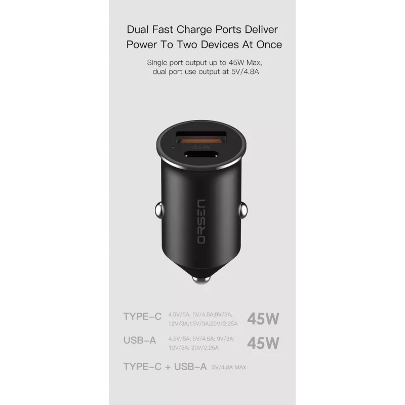 Automobilinis įkroviklis Orsen C8 45W – 45W USB-C PD greitasis įkrovimas, juodas