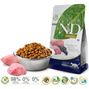 FARMINA N&D Prime ėriena ir mėlynės – sausas kačių ėdalas – 1,5 kg
