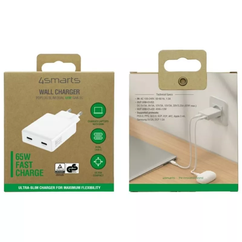 PDPlug Dual 65W GaN 2xUSB-C baltas sieninis įkroviklis