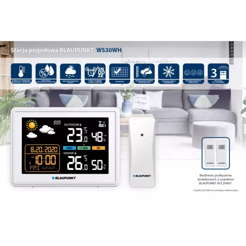 Oro stotelė BLAUPUNKT WS30WH – vidaus ir lauko temperatūros bei drėgmės matuoklis