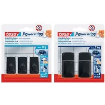 tesa Powerstrips Haken LARGE Rechteck, schwarz aus hochwertigem Kunststoff, mehrfach verwendbar mit - 1 Stück (58279-00000-20)