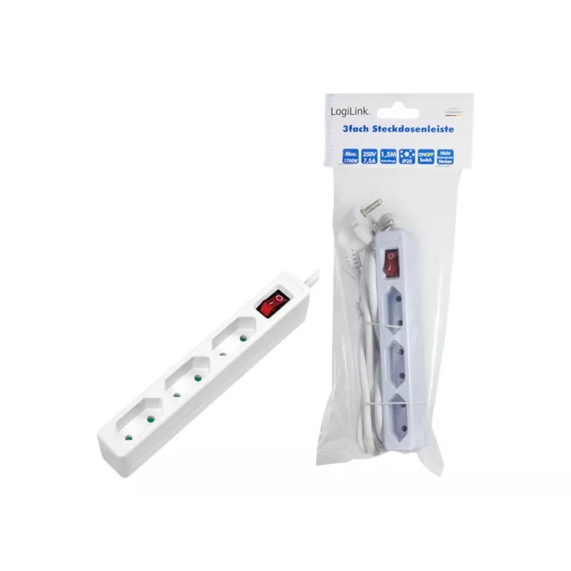 Prailginimo laidas LogiLink LPS230 1,5 m 3 AC lizdai Baltas