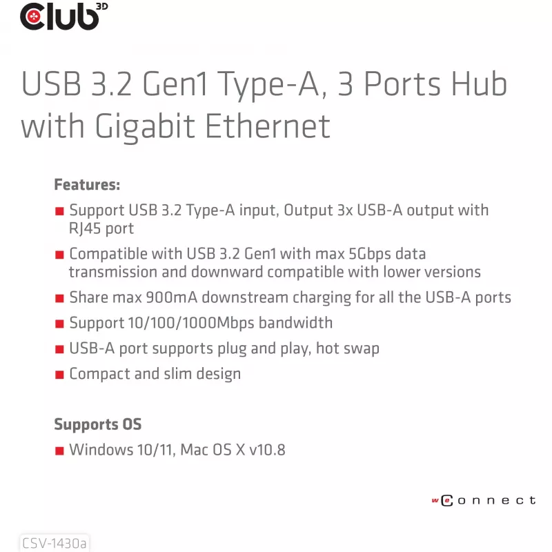 USB šakotuvas CLUB3D USB 3.2 Gen1 Type-A 3 prievadai su Gigabit Ethernet