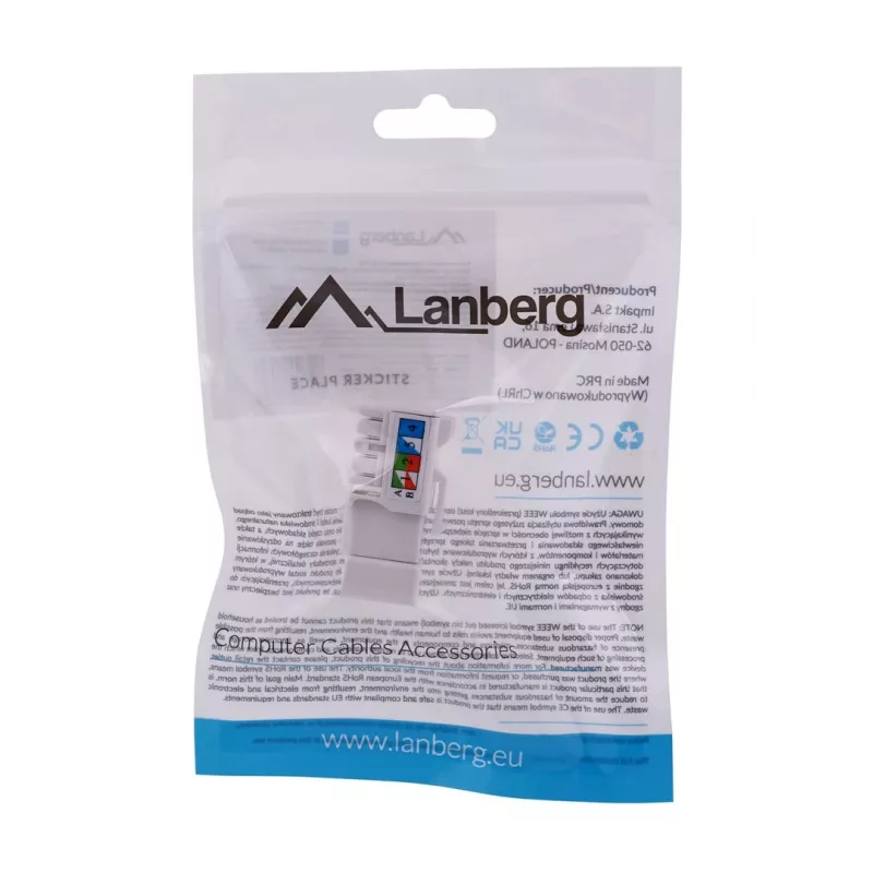 Keystone modulis LANBERG KSU6-1090, Cat6 U/UTP plokščias, RJ-45 kištukas į LSA lizdą, AWG 22/26, 14,5×16,1 mm, baltas