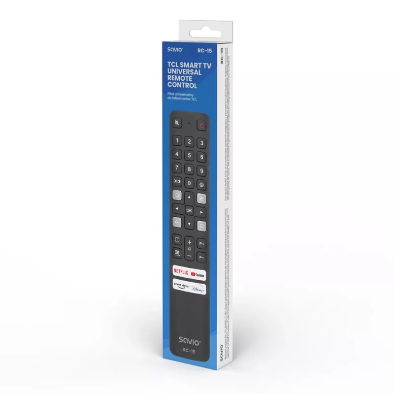 SAVIO universalus TV nuotolinio valdymo pultas RC-15, skirtas TCL SMART TV, IR belaidis, juodas, veikimo atstumas 10 m