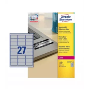 Avery Durable Heavy Duty L6011 – poliesteris – nuolatiniai klijai – sidabrinė – 63,5 x 29,6 mm – 2700 etikečių (100 lapų x 27) – L6011-100