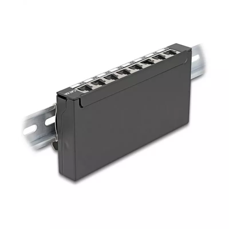 Pataisų skydelis DELOCK Mini Desktop RJ45 8 prievadų Cat.6A ekranuotas juodas, skirtas stalui, sienai arba DIN bėgiui