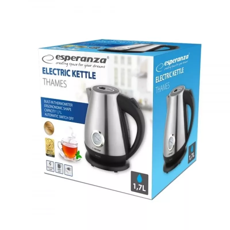Elektrinis virdulys ESPERANZA EKK029 — 1,7 L, 2200 W, nerūdijantis plienas ir juodas plastikas