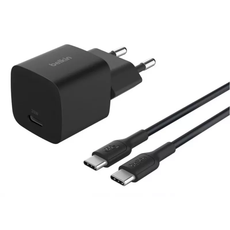 AC sieninis įkroviklis Belkin BoostCharge 25W USB-C PD/PPS, 1 m kabelis, juodas — žaidimų konsolėms, išmaniesiems telefonams, planšetėms