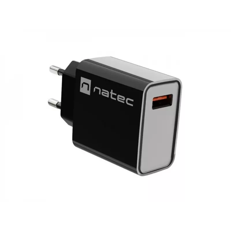 NATEC Ribera universalus greitojo įkrovimo sieninis kroviklis — 18 W (5–15 V, iki 3 A), 1× USB-A, Huawei FCP/SCP, juodas