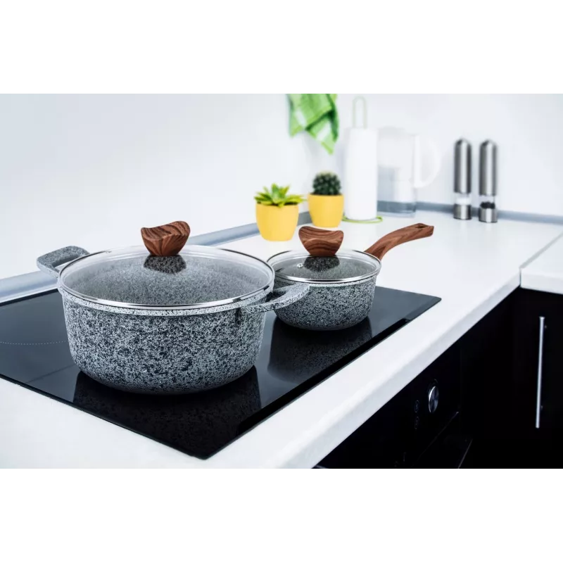 PROMIS granito puodų rinkinys, 16 cm kastrulis ir 20, 24, 28 cm puodai, rudi kotai