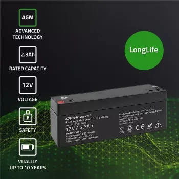 Sandari AGM baterija QOLTEC 12V 2,3Ah UPS ir atsarginės maitinimo sistemoms, maks. iškrova 34,5A