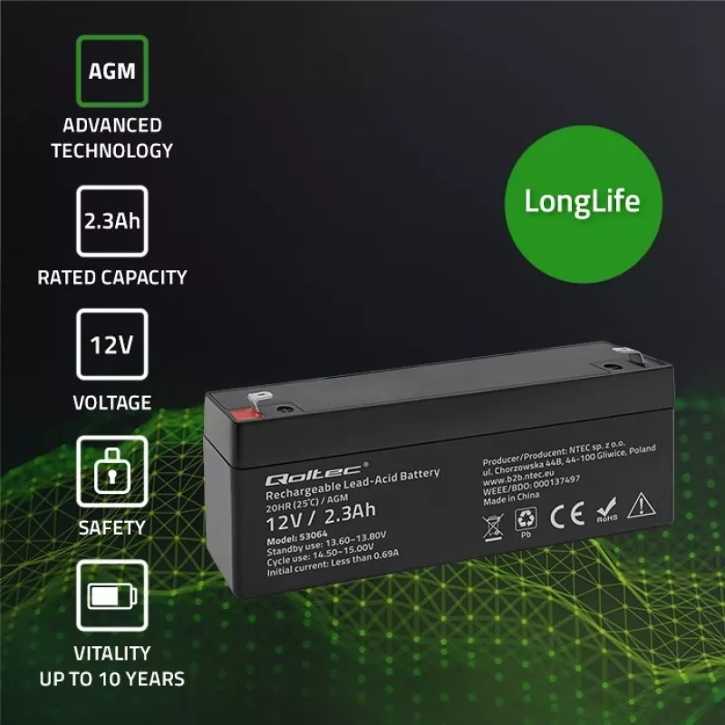 Sandari AGM baterija QOLTEC 12V 2,3Ah UPS ir atsarginės maitinimo sistemoms, maks. iškrova 34,5A