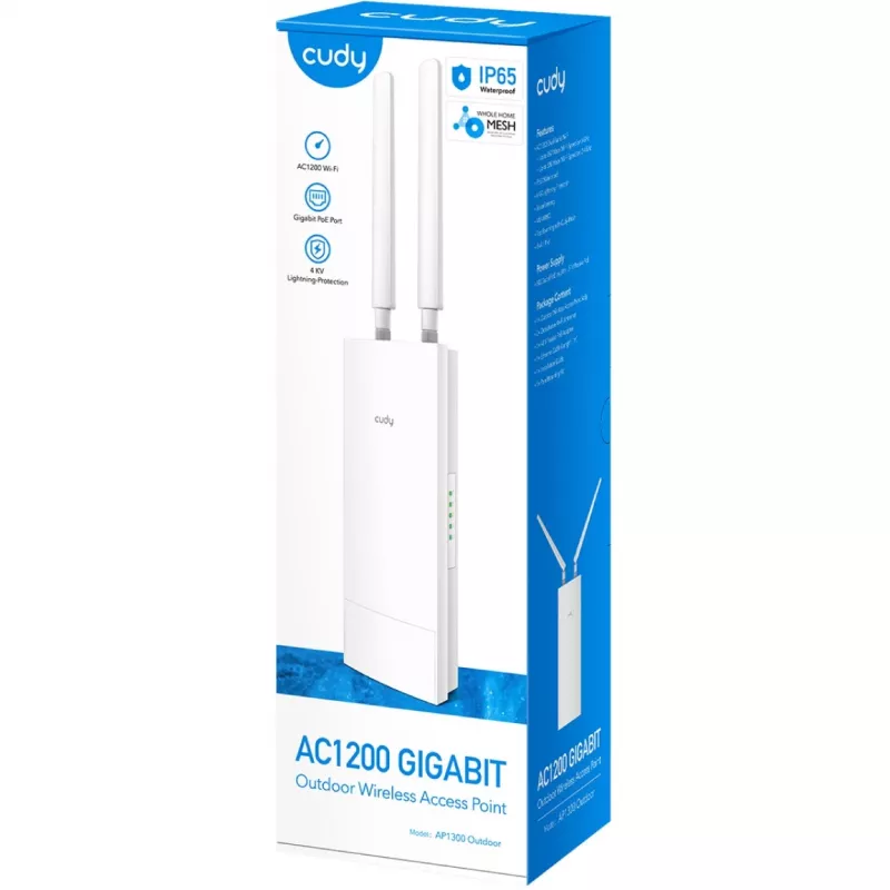Cudy AP1300 Outdoor belaidis prieigos taškas AC1200, dual-band 2,4/5 GHz, 300/867 Mbps, IP65, PoE, 2 išorinės RP-SMA antenos