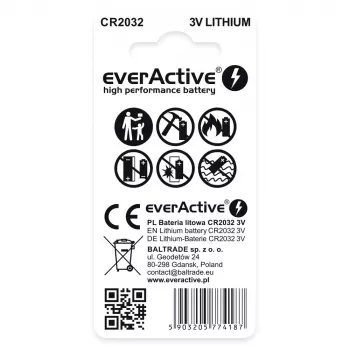 Ličio monetinė baterija everActive CR2032 — 3V, 20 mm, 2 vnt. lizdinėje pakuotėje