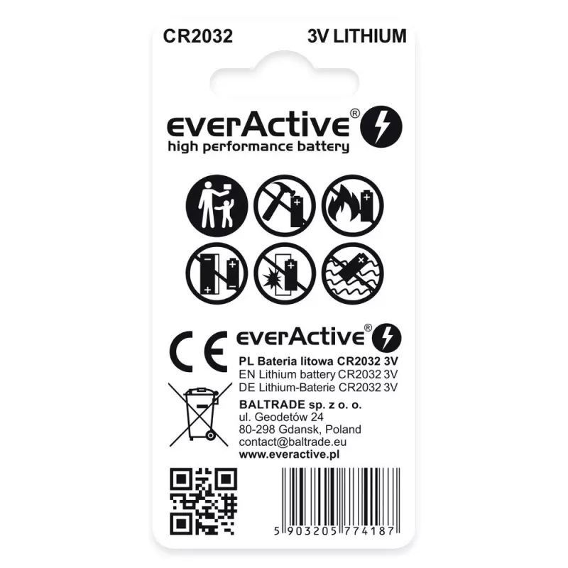 Ličio monetinė baterija everActive CR2032 — 3V, 20 mm, 2 vnt. lizdinėje pakuotėje