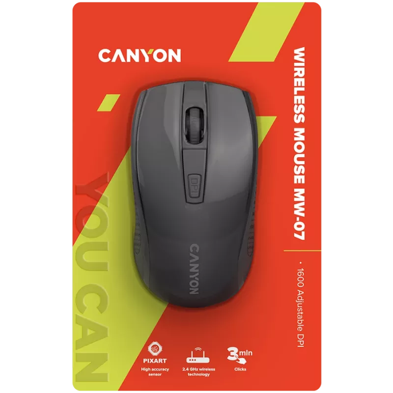 Belaidė pelė CANYON MW-7, 2.4 GHz, 6 mygtukai, DPI 800/1200/1600, su 1 AA baterija, 110×60×37 mm, 58 g, juoda