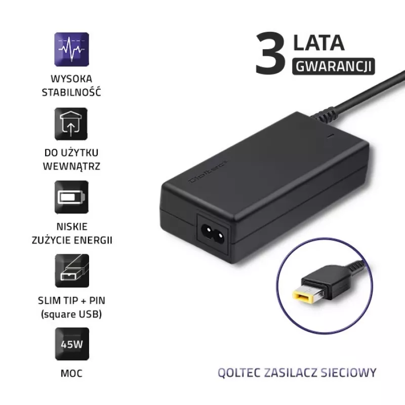 Qoltec 45W 20V 2.25A Slimtip + pin 50098.45w nešiojamojo kompiuterio maitinimo adapteris