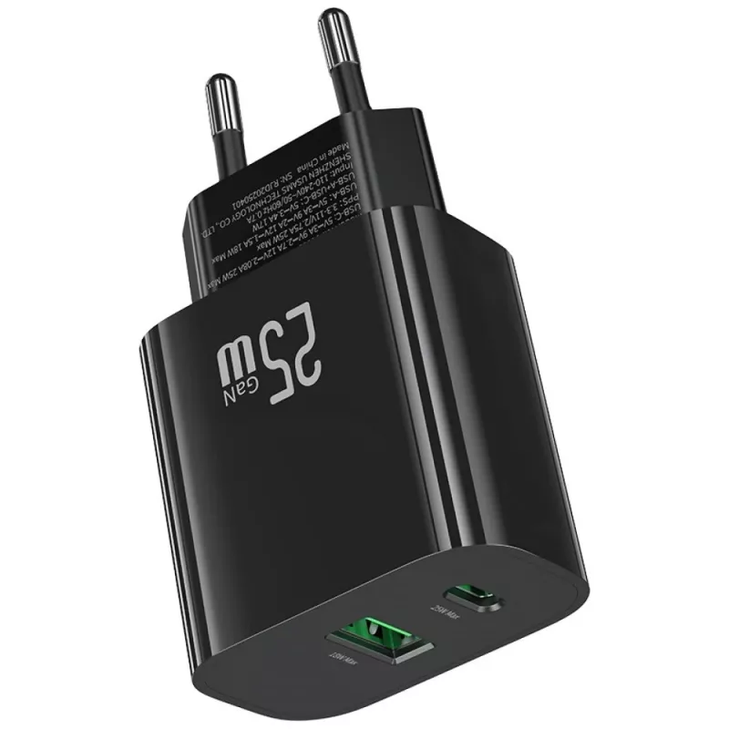 USB-C ir USB-A sieninis įkroviklis USAMS USA001629 25W greitasis įkrovimas