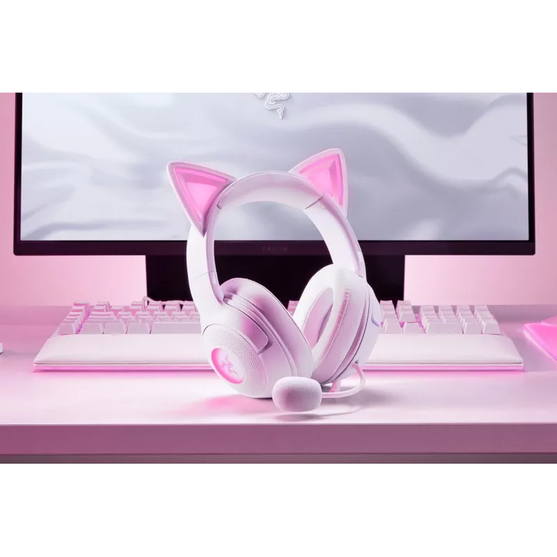 Ausinės „Razer Kraken Kitty V2“ laidinės USB Type-A baltos – uždedamos, lankeliu, 20–20000 Hz, 2 m kabelis