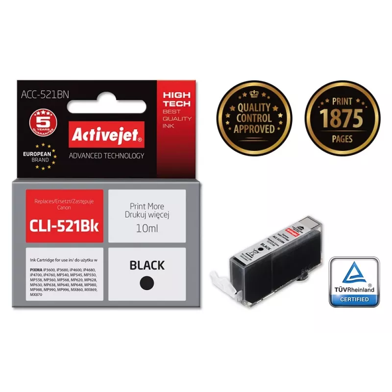 Activejet ACC-521BN kasetė (Canon CLI-521Bk; Supreme; 10 ml; juoda)
